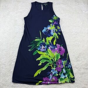 Lauren Ralph Lauren Navy Blue Floral Sleeveless Shift Dress Size 12 Stretch